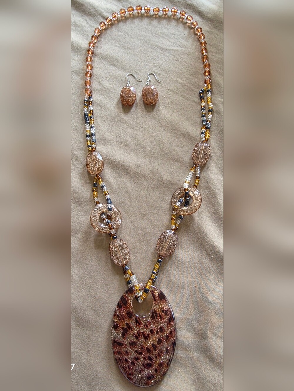 Boho Long Acrylic Multi Brown Blue Leopard Bead Necklace Matching Drop Earrings
